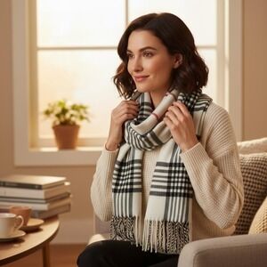 Cashmere‎ Feel Plaid Scarf Womens One Size Cream Black Red Tartan Check Fringe